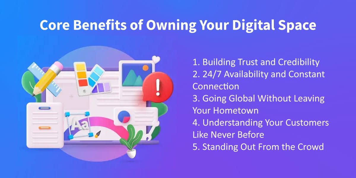  Digital tools with a list of benefits of owning a digital space.